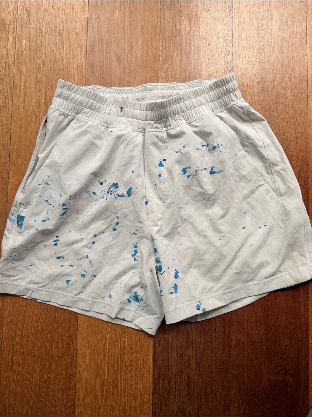 Lululemon Pace breaker 5 Inch White Athletic Shorts with Blue Paint-Splatter